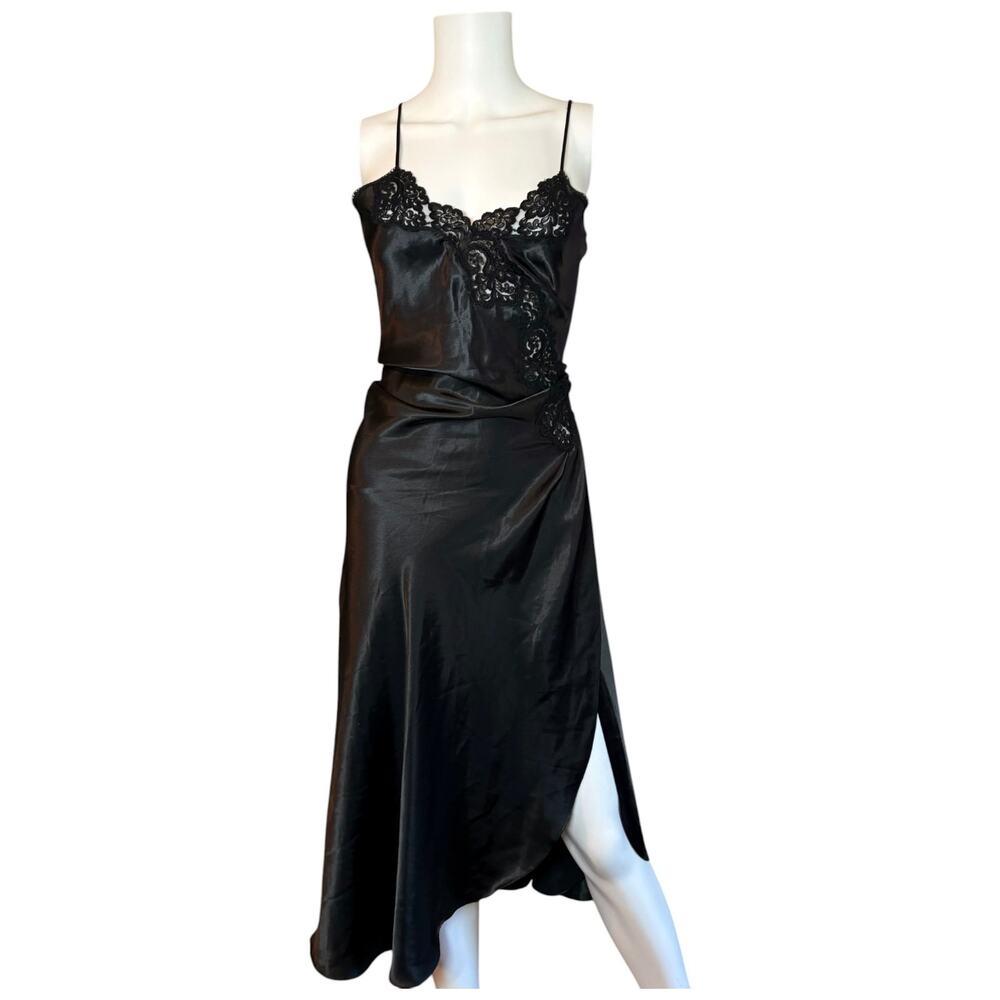 VS Y2K Sleepwear Black Satin Lace Midi Slip Dress Bias Cut thigh high Slit XS - Picture 7 of 12